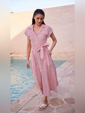 Brave + true Portia Short Sleeve Striped Collared Button Front Midi Shirt Dress